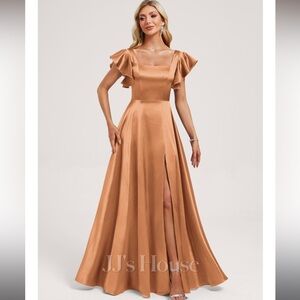JJ’s House A-line Floor-Length Stretch Satin Bridesmaid Dress W/ Ruffle #309847